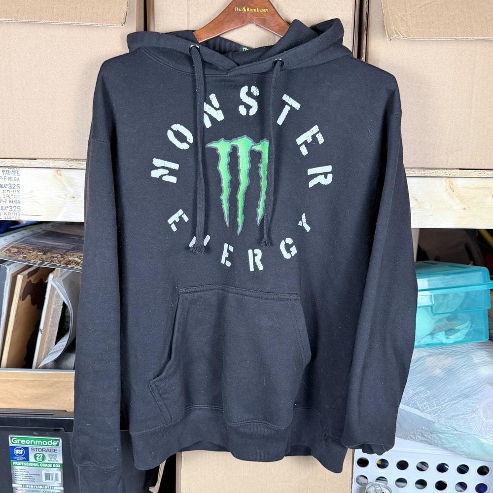 Y2K Monster Energy‎ Black Hoodie Pullover Long Sleeve Graphic Sweatshirt Mens L